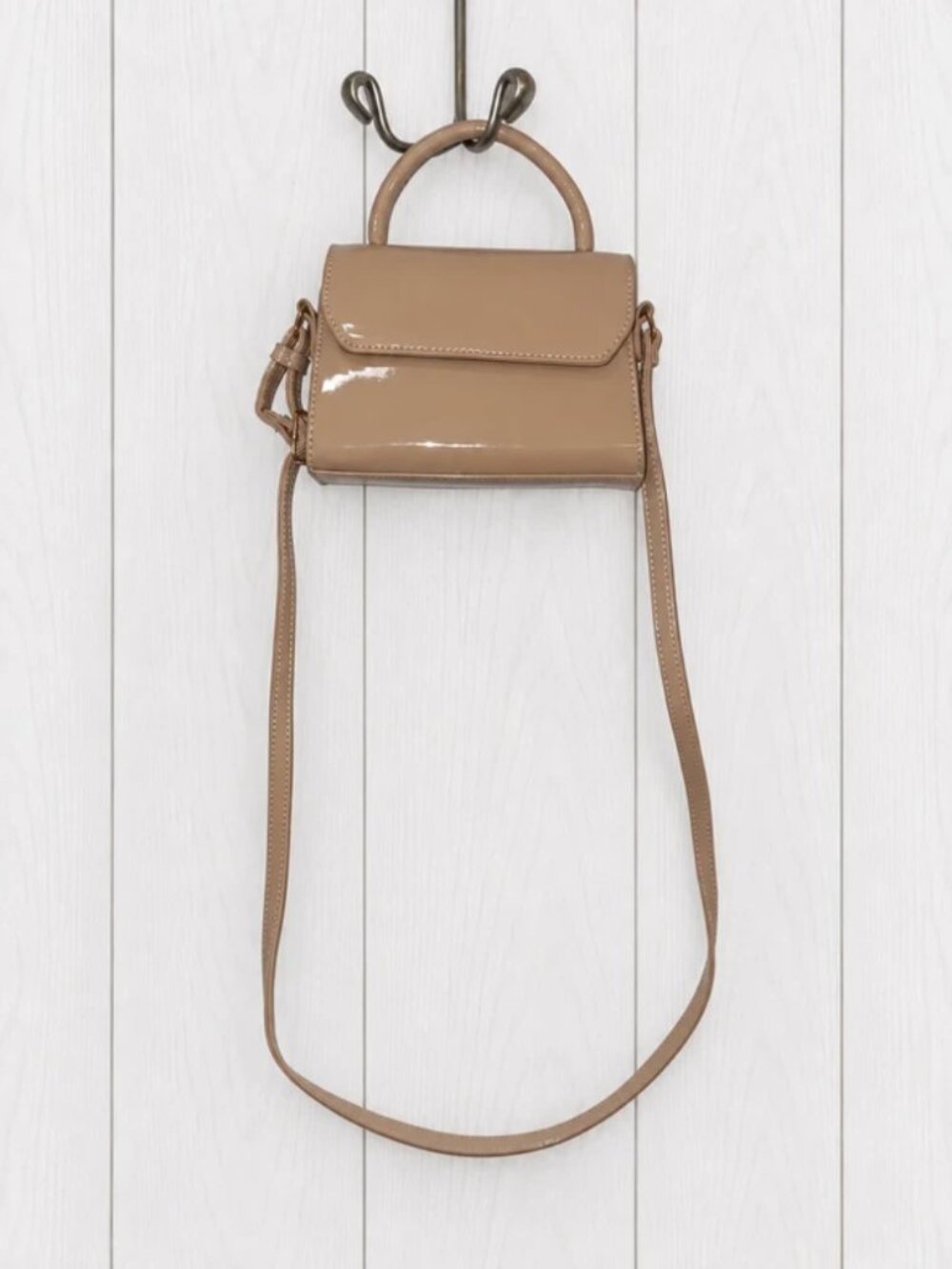 Beige Patent Finish Small Crossbody Top Handle Bag Snap Gold Hardware